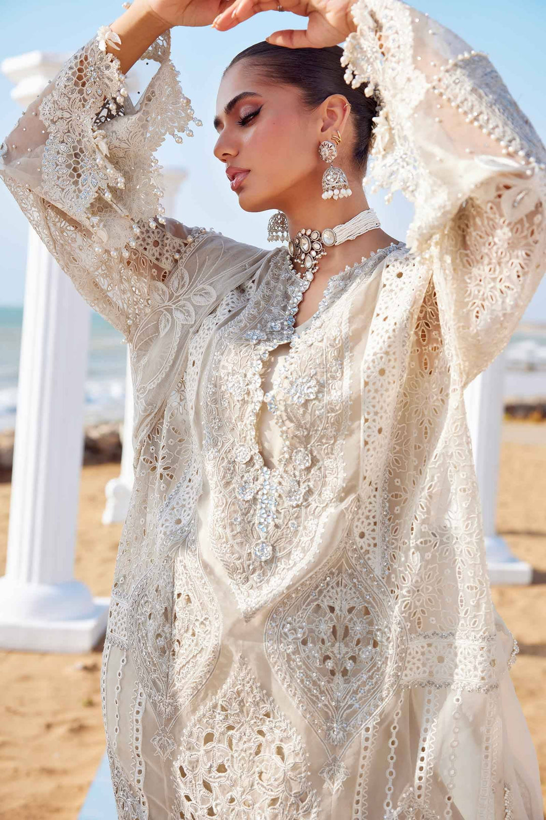 Close-up of Embroidered Suit AL-4287 showcasing intricate lace, pearls, and 3D floral detailing. Perfect for weddings and formal events.