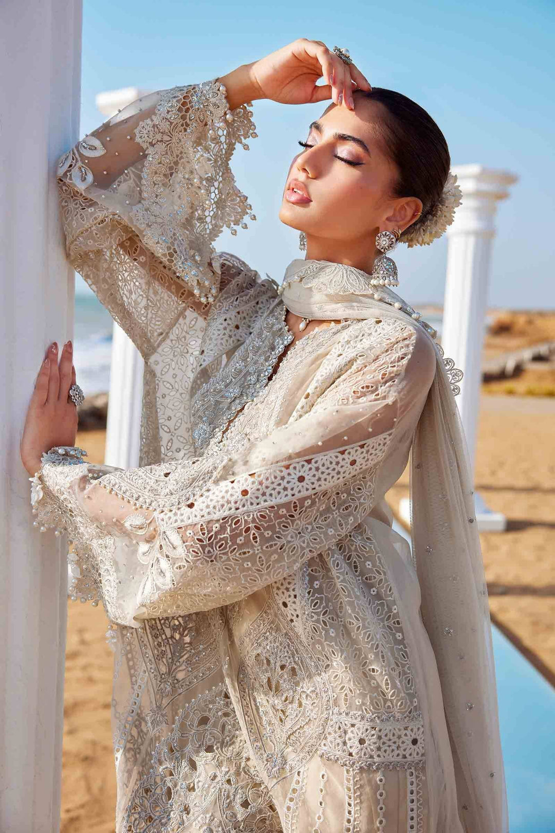 Side pose of model in AL-4287 3 Piece Embroidered Suit with lace sleeves and floral dupatta. Ideal for elegant event wear.