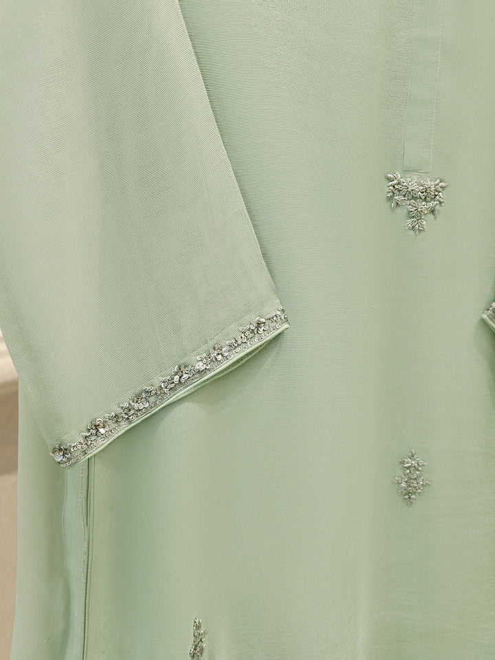 Detailed sleeve embroidery of Agha Noor 3 Piece Cotton Net Suit with silver embellishments on mint green fabric.