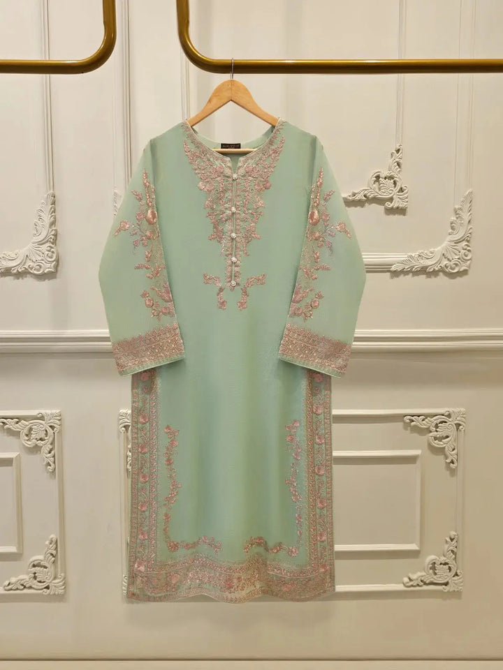 AGHA NOOR Embroidered Suit - 2 Piece Cotton in mint green with intricate pink threadwork on shirt front, ideal for formal wear in cotton net fabric.