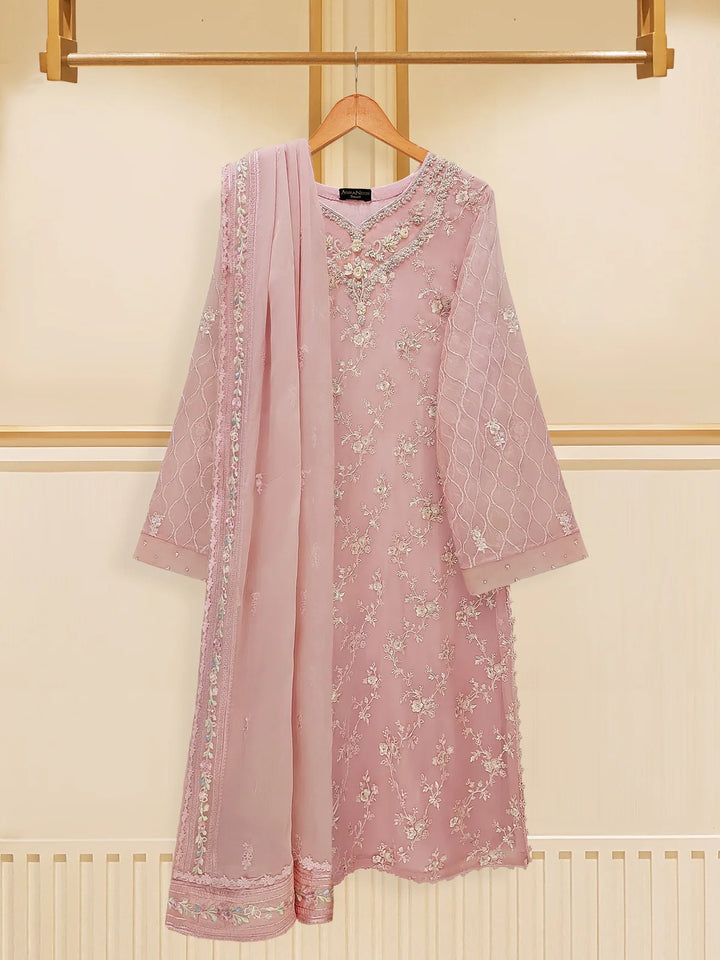 Agha Noor embroidered chiffon suit with dupatta on hanger