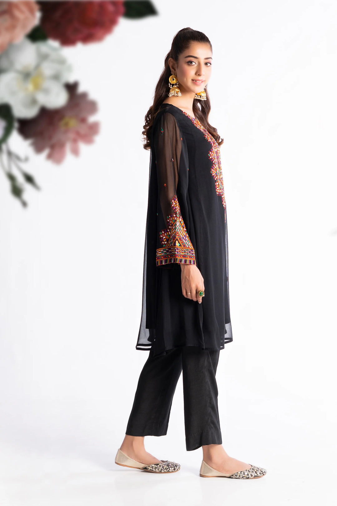 RANGJA RANGJA Black Balochi | FR071304-10 SHIRT RANGREZA USA 7327625425 United States M Black Chiffon M / Black / Chiffon L / Black / Chiffon