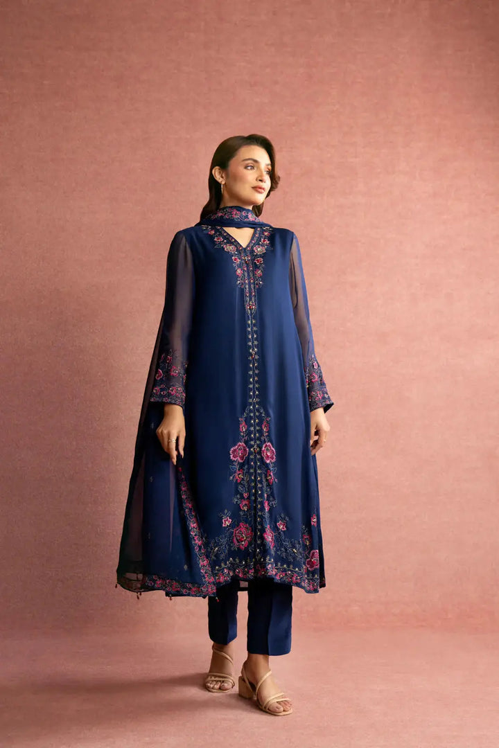 CHINYERE 3 Piece Suit - Chinyere Clothing | 3Pcs Chic Suit in navy blue chiffon with pink floral embroidery, featuring shirt, pants, and dupatta.