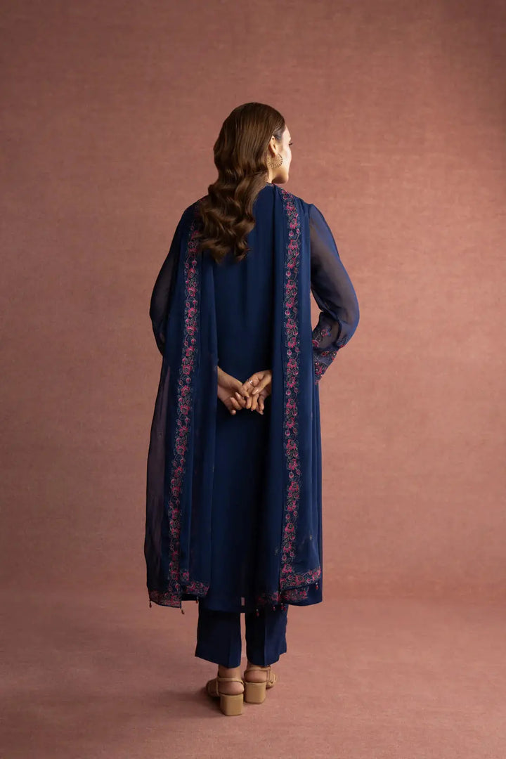 Back view of CHINYERE 3 Piece Chiffon Embroidered Suit highlighting embroidered dupatta and sheer sleeves for a graceful look.