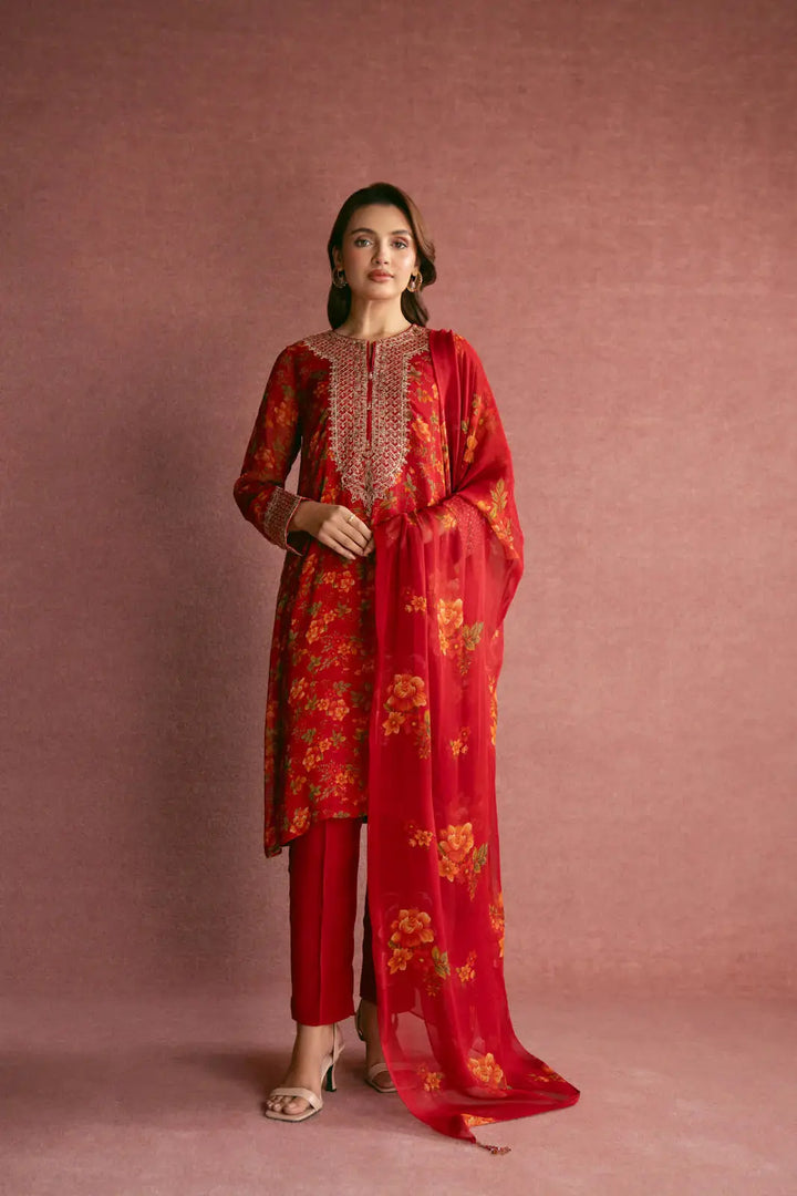 CHINYERE 3 Piece Chiffon Embroidered Suit in red with floral print, featuring a long shirt, straight pants, and matching dupatta. Elegant traditional wear from Chinyere PK Clothing.