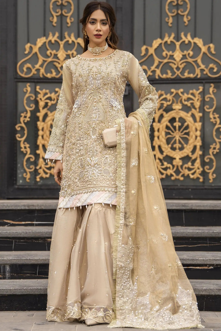 Pakistani Dress Gharara Dupatta - AROOSH Kundan 3-Piece Outfit featuring a gold Masoori embroidered shirt, flared gharara, and embellished dupatta.