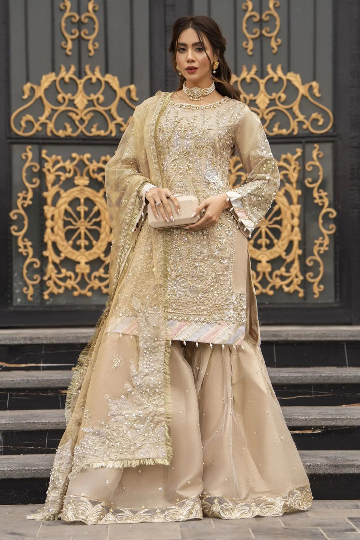 AROOSH Kundan 3-Piece Pakistani Dress with detailed handwork on Masoori shirt, paired with gharara pants and a gold embroidered dupatta.
