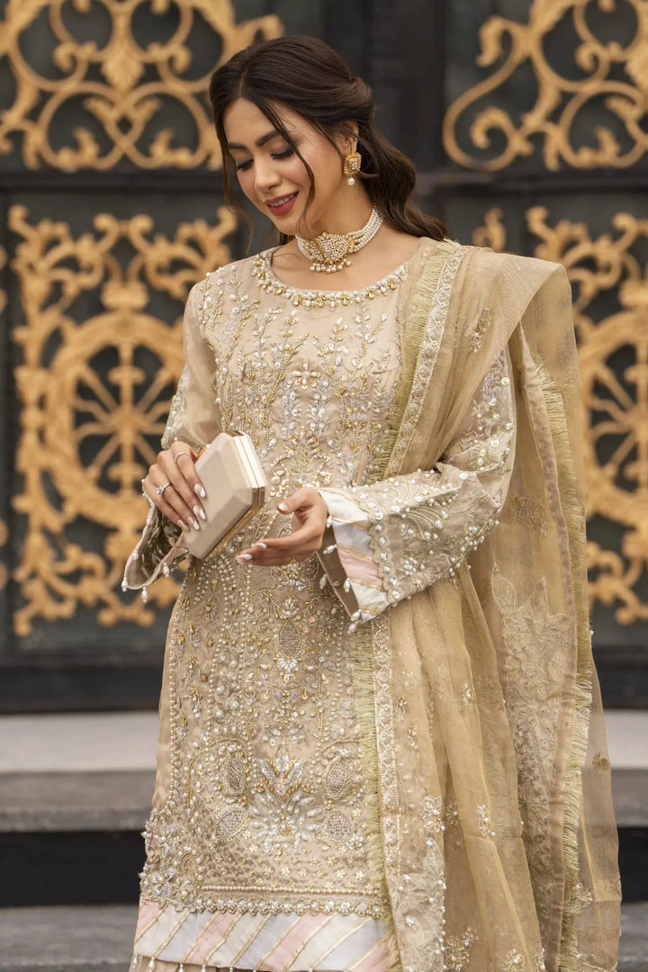 Close-up of AROOSH Kundan Masoori Embroidered Shirt with delicate handwork, paired with matching gharara and dupatta for a wedding look.