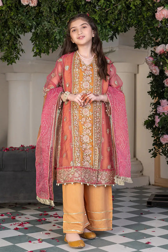 RANGREZA Kid Eid Wear - Pakistani Eid Dress for Kids featuring an embroidered organza shirt, printed dupatta, and viscose plazo with lace.