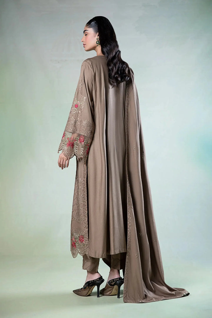 Back view of 3 Piece Embroidered Suit - Semi Formal Suit in coffee linen, showcasing flowing dupatta and detailed sleeve embroidery.