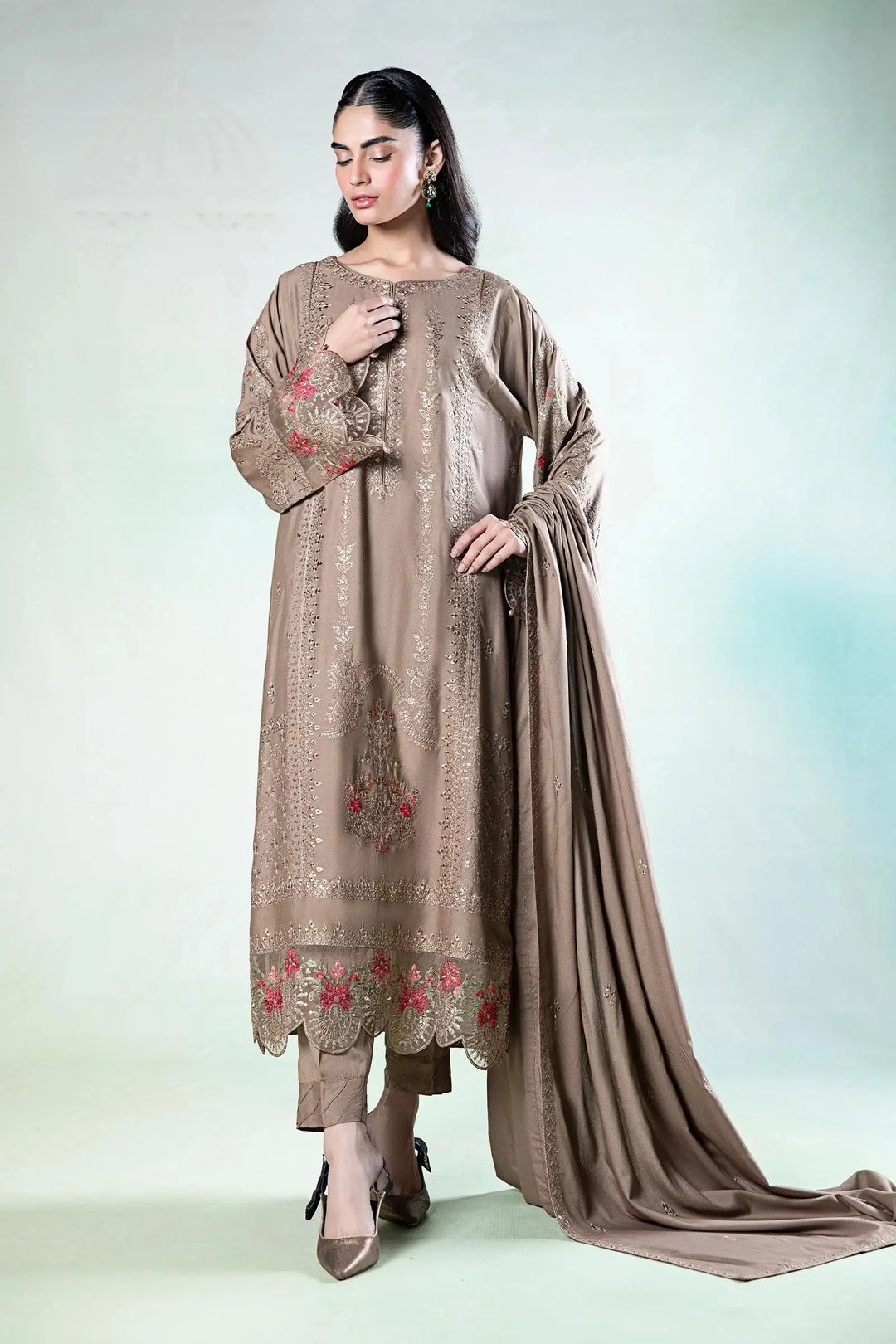 3 Piece Embroidered Suit - Semi Formal Suit in coffee linen with floral embroidery, featuring a round neckline and scalloped borders.