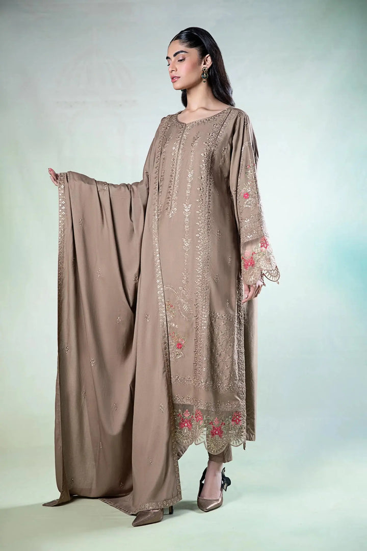 Semi Formal 3 Piece Embroidered Linen Suit in coffee color with intricate threadwork and matching dupatta, ideal for festive occasions.