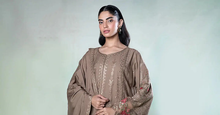 Model wearing 3 Piece Embroidered Suit - Semi Formal Suit in coffee linen, showcasing elegant neckline and floral sleeve accents.