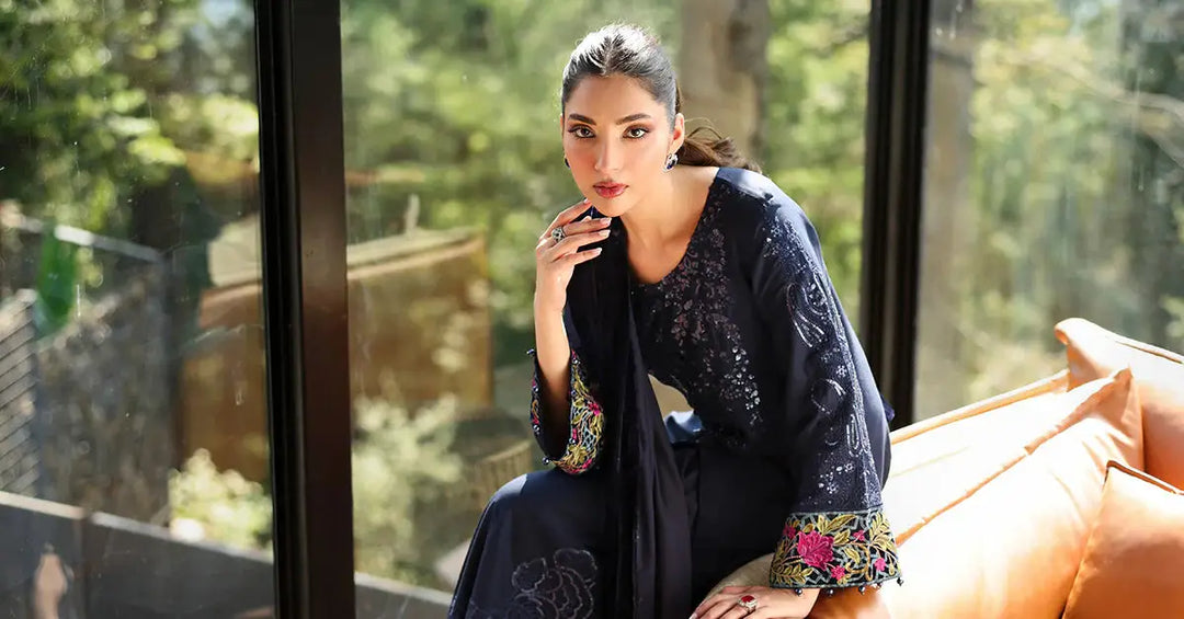 Elegant Blue Linen Suit - Embroidered 3-Piece Set with colorful sleeve embroidery and relaxed fit, ideal for festive wear in natural light.