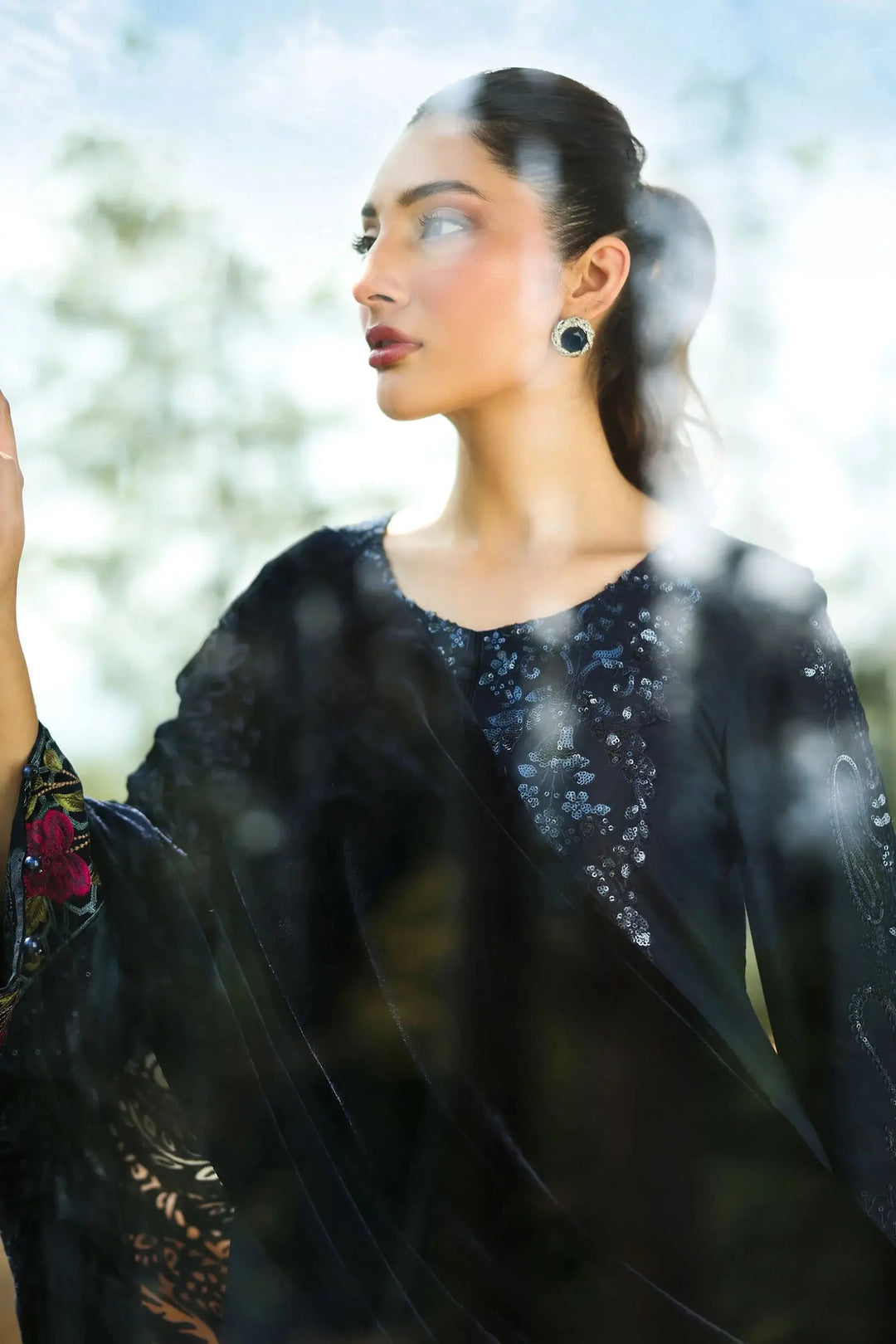 Close-up of Elegant Blue Linen Suit - Embroidered 3-Piece Set showing sequin neckline and velvet dupatta, perfect for refined style.