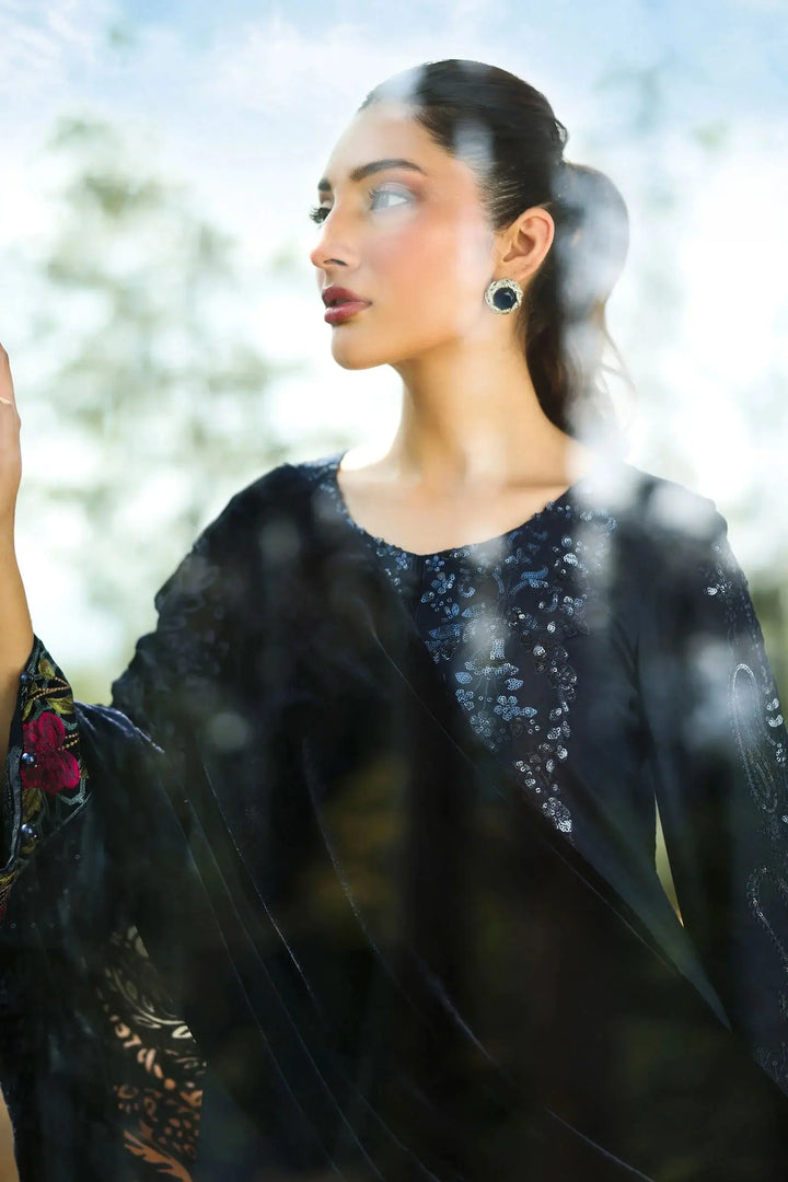 Close-up of Elegant Blue Linen Suit - Embroidered 3-Piece Set showing sequin neckline and velvet dupatta, perfect for refined style.