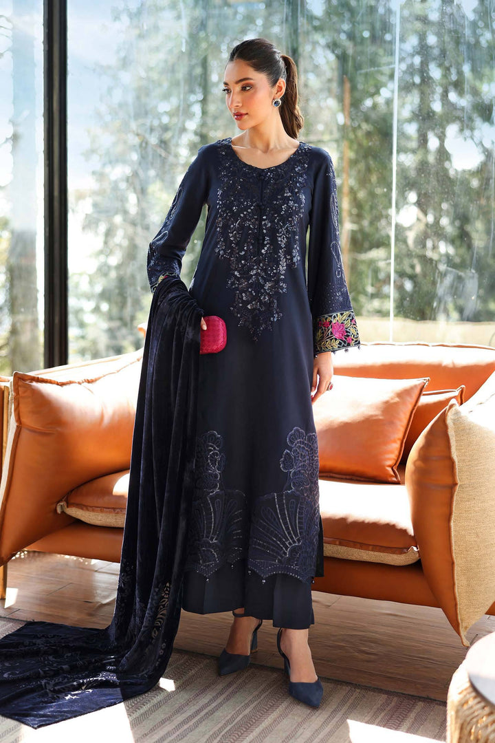 Blue Linen Suit Set - Embroidered Elegance | 3-Piece featuring intricate embroidery and flared sleeves, styled with matching dupatta and pants.