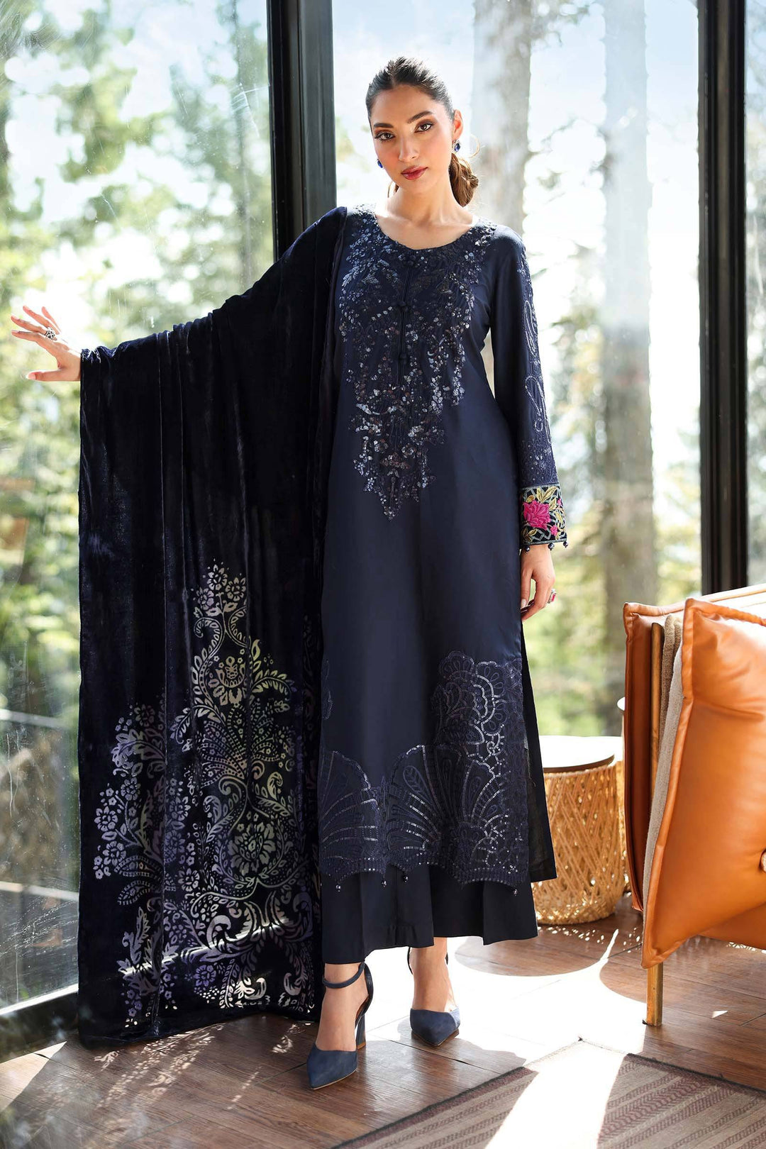 Elegant Blue Linen Suit - Embroidered 3-Piece Set with velvet dupatta and floral sleeve cuffs, ideal for formal and festive occasions.