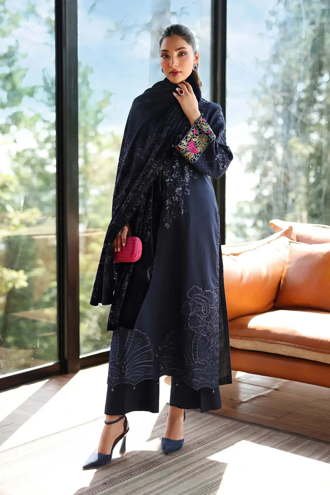 Blue Linen Suit Set - Embroidered Elegance | 3-Piece with detailed embroidery, paired with velvet dupatta and pink clutch for a chic look.