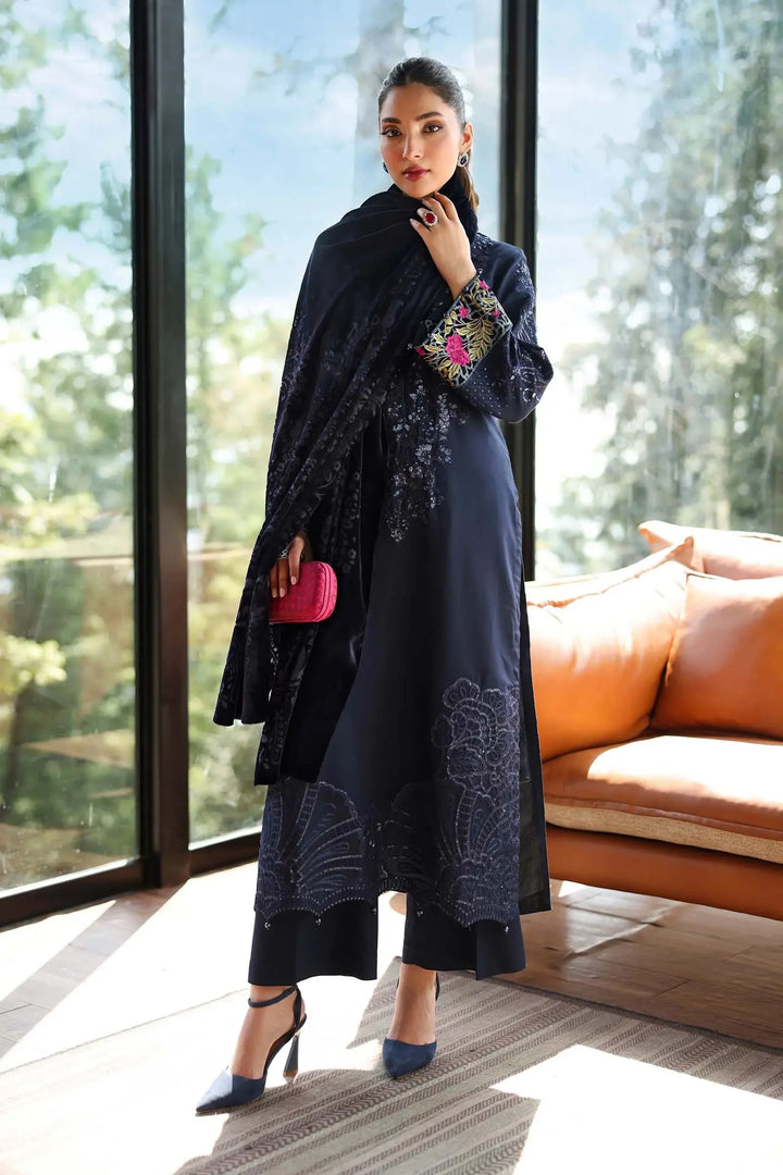 Blue Linen Suit Set - Embroidered Elegance | 3-Piece with detailed embroidery, paired with velvet dupatta and pink clutch for a chic look.