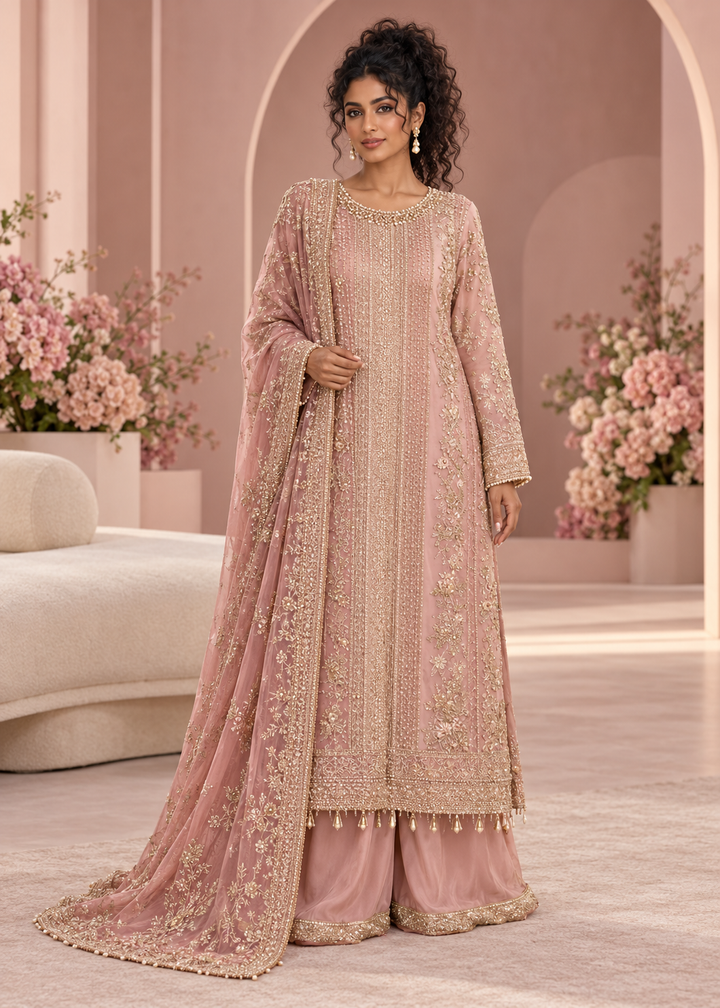 PINK 3 Piece Embroidered Organza Suit | AL-3881-16