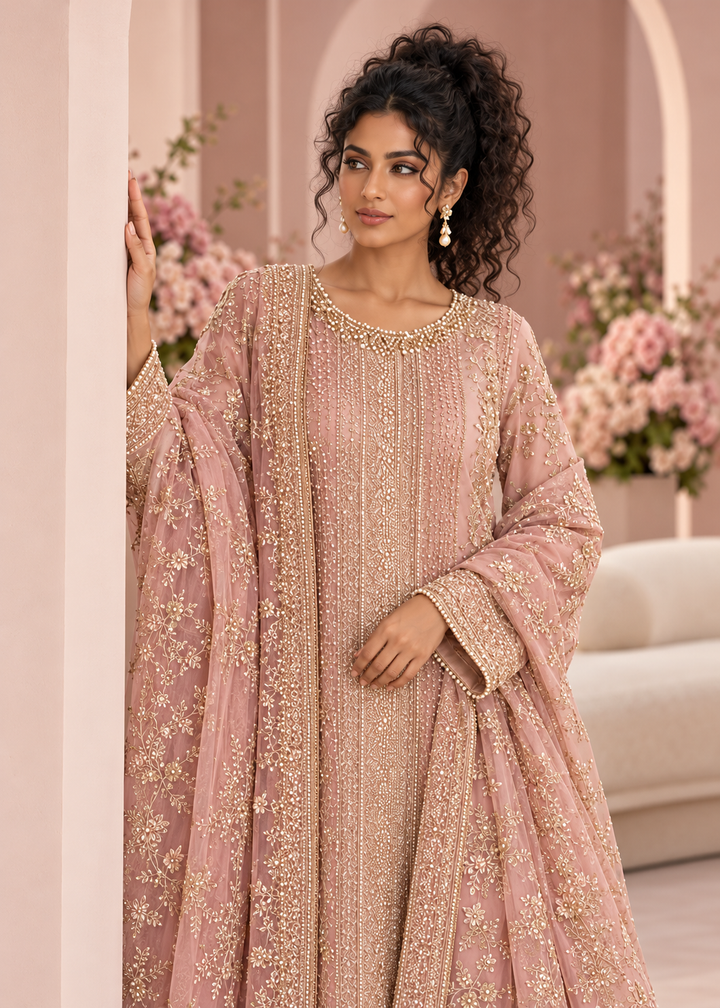 PINK 3 Piece Embroidered Organza Suit | AL-3881-16