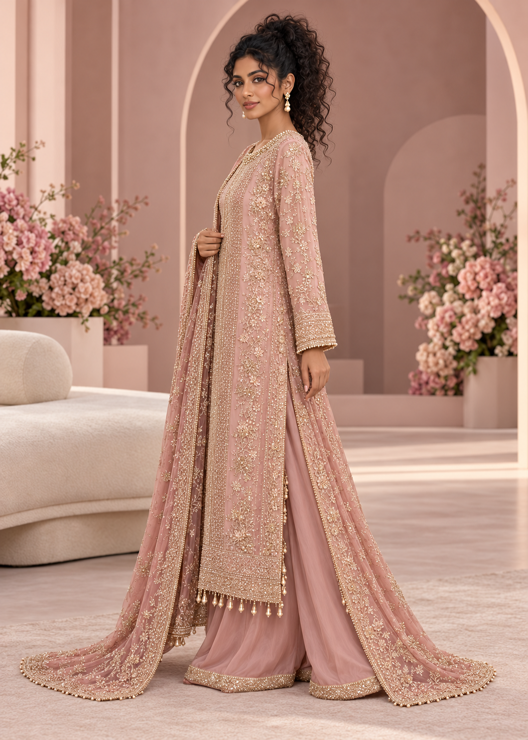 PINK 3 Piece Embroidered Organza Suit | AL-3881-16