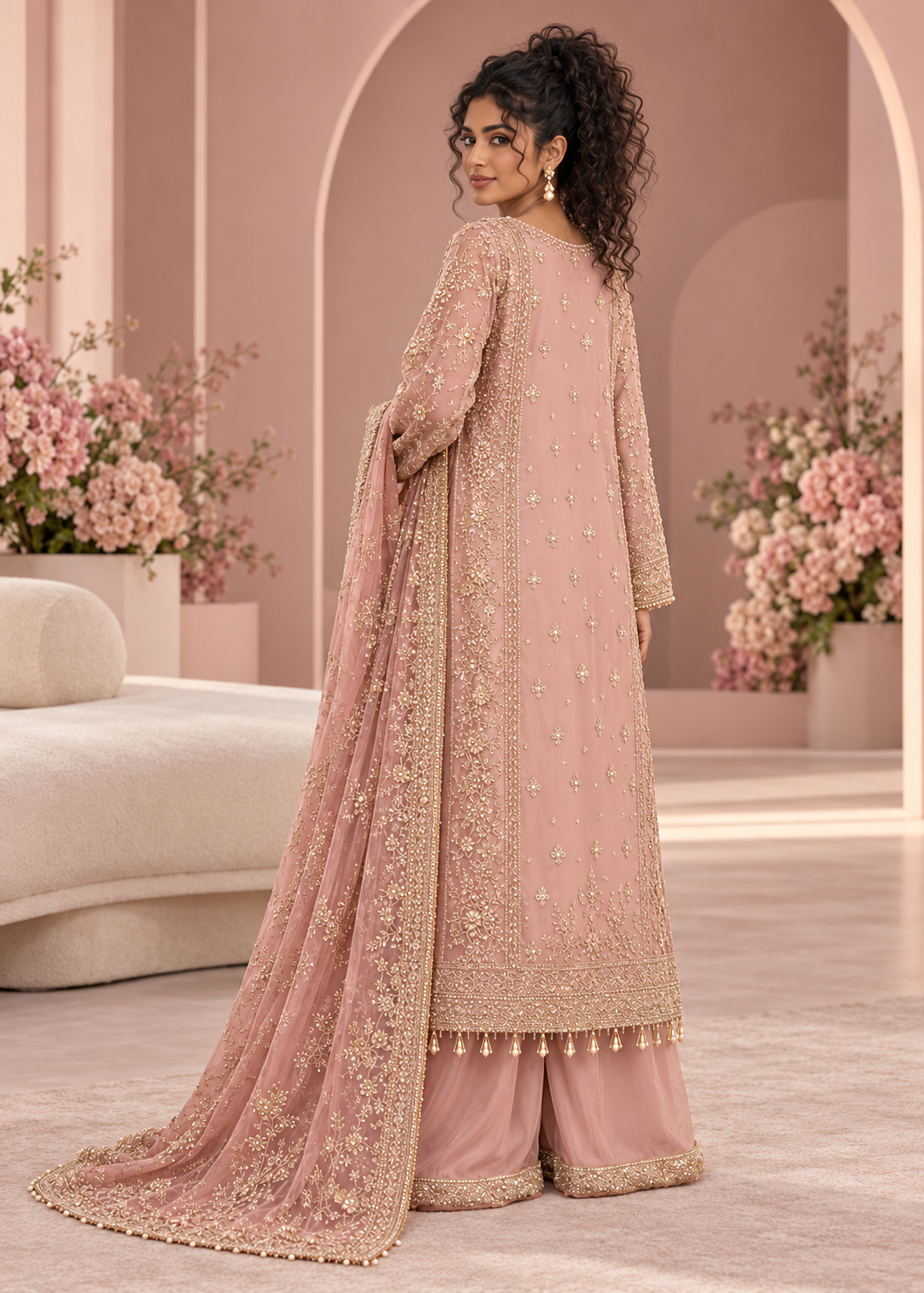 PINK 3 Piece Embroidered Organza Suit | AL-3881-16