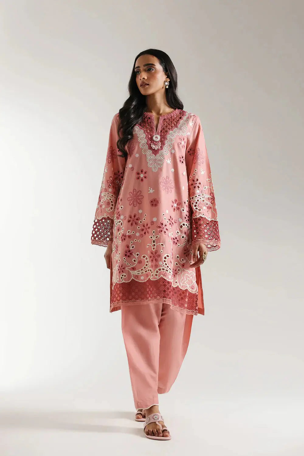 Embroidered Suit - Casual Statement Dress | Floral Embroidery in blush coral with intricate white and maroon threadwork, full front view.
