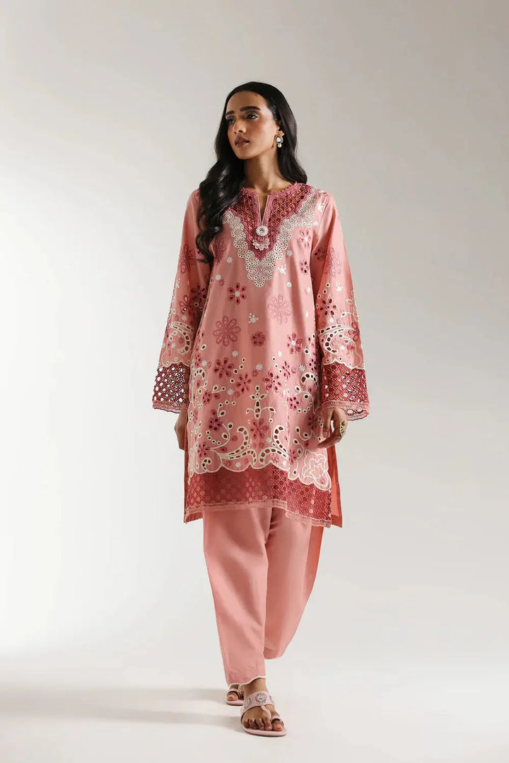 Embroidered Suit - Casual Statement Dress | Floral Embroidery in blush coral with intricate white and maroon threadwork, full front view.