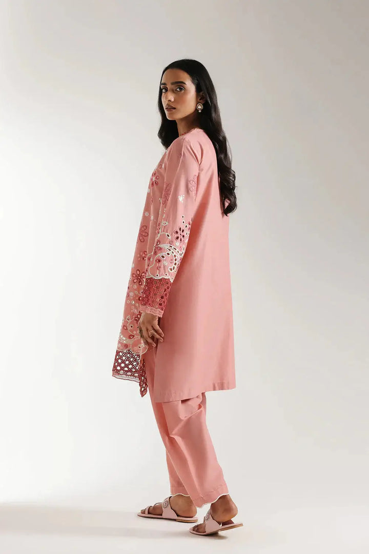 Back and side view of EMBROIDERED SUIT E3120 in blush coral, showcasing plain back and detailed sleeve embroidery for casual elegance.
