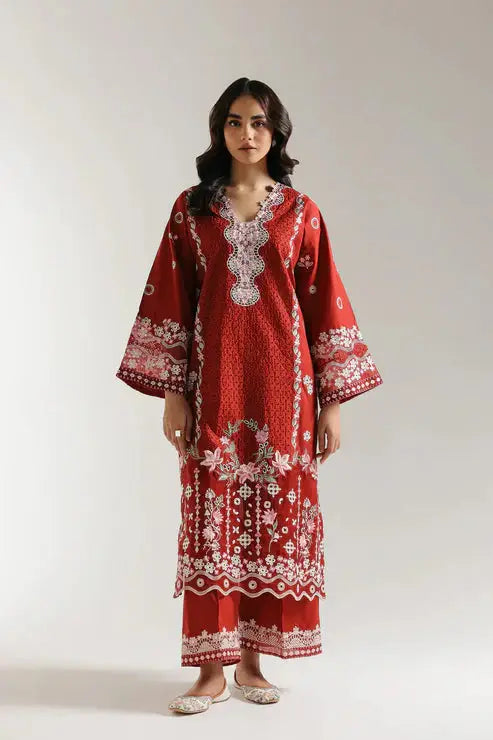 2 Piece Dress Wine - Ethnic Dress Casual with traditional embroidery, featuring a long red shirt and matching trousers in a festive floral design.