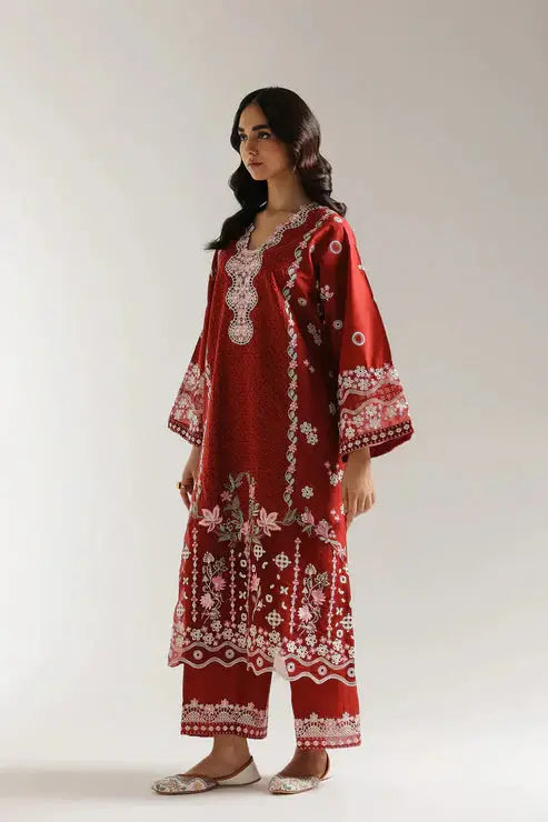 Side view of 2 Piece Dress Wine - Ethnic Dress Casual, showcasing intricate embroidery on sleeves and hem, ideal for traditional occasions.