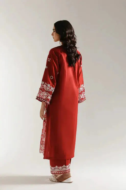 Back view of 2 Piece Dress Wine - Ethnic Dress Casual, highlighting the plain red fabric with embroidered sleeve cuffs and relaxed fit.