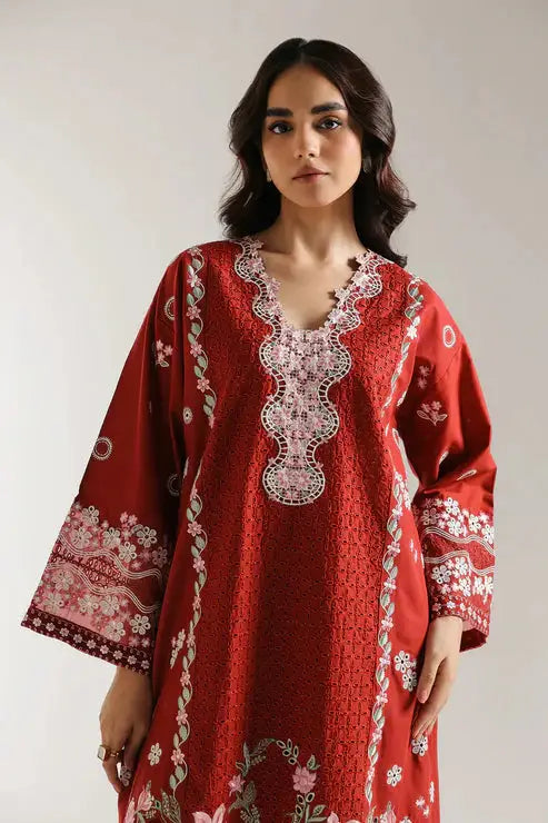 Close-up of neckline on 2 Piece Dress Wine - Ethnic Dress Casual, showing detailed floral embroidery and scalloped design on the front.