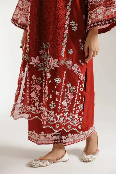 Bottom detail of 2 Piece Dress Wine - Ethnic Dress Casual, featuring floral embroidery on the shirt hem and matching printed trousers.
