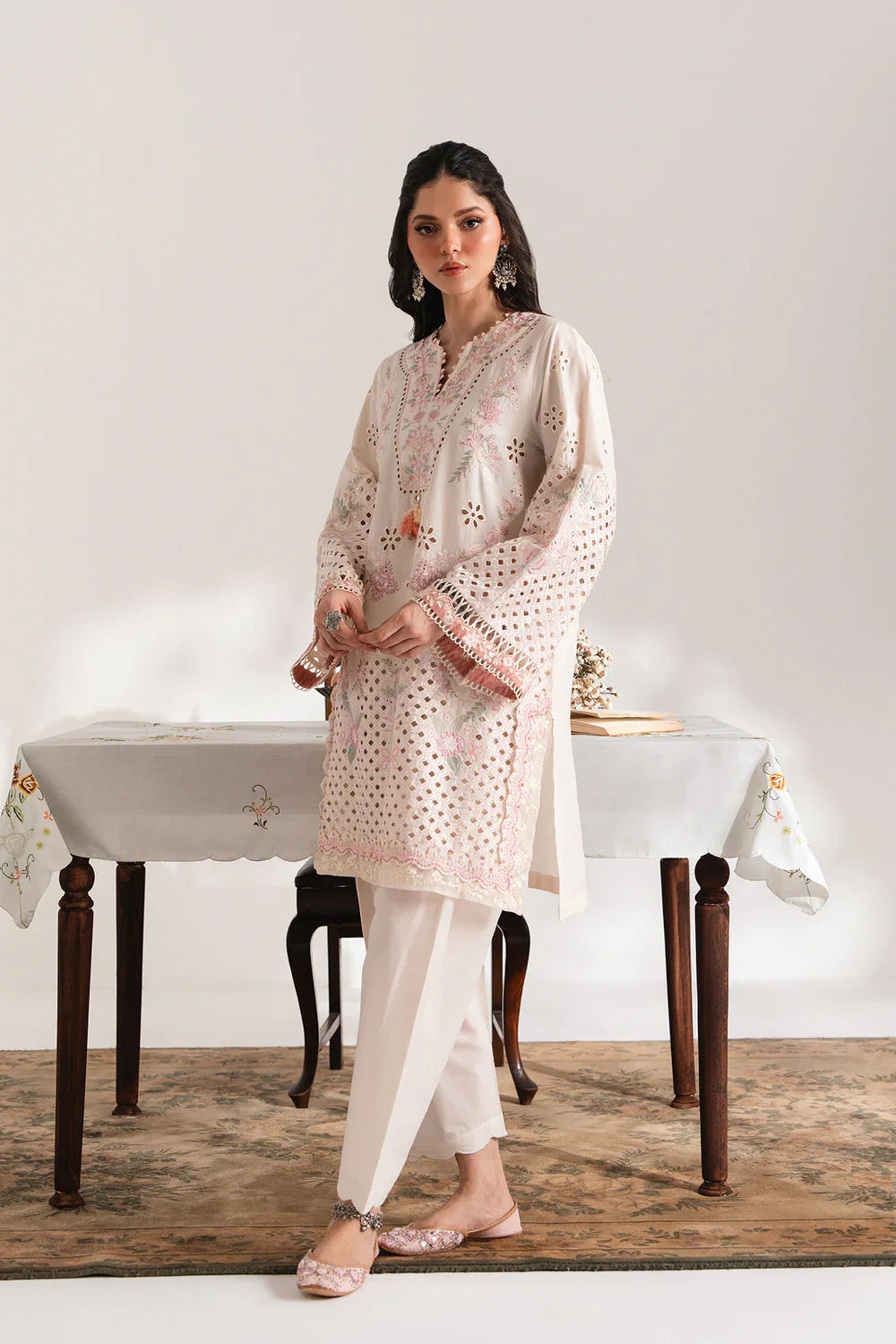ETHNC EMBROIDERED SUIT - Ethnic USA off-white floral embroidered shirt and bottom set with delicate pink accents and cutwork sleeves.