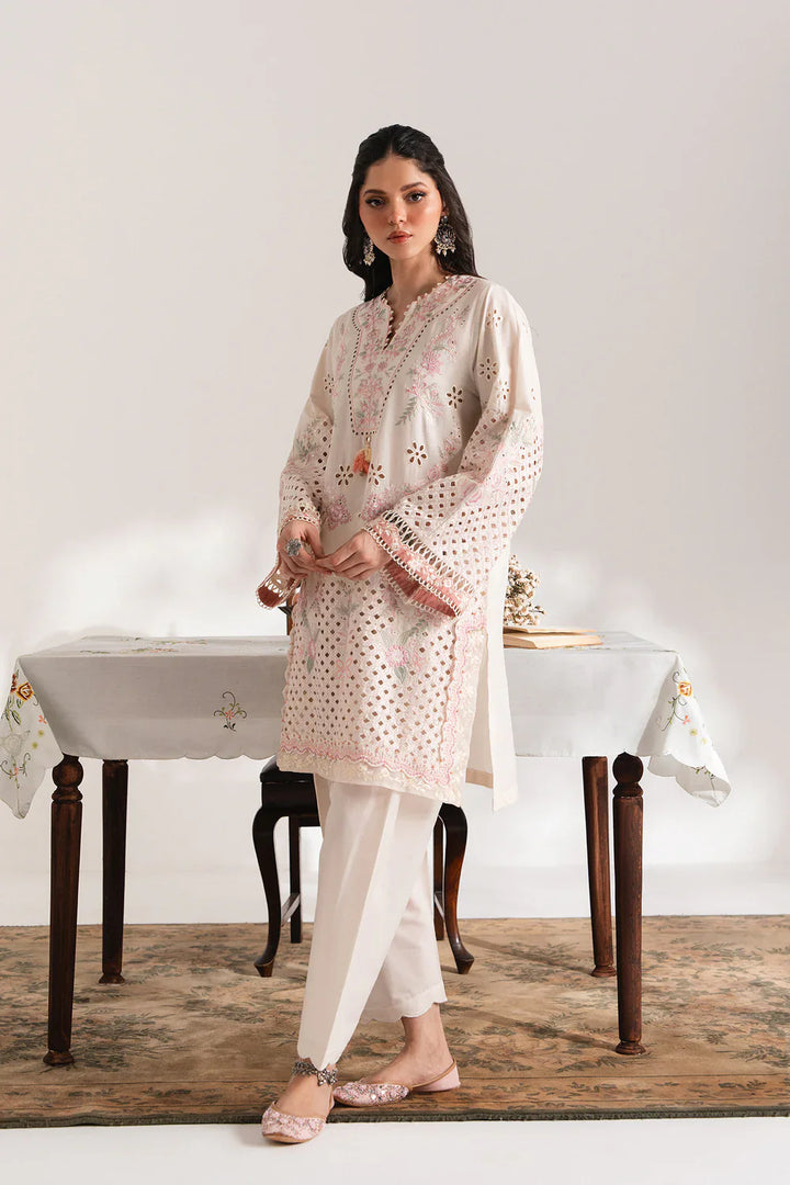 ETHNC EMBROIDERED SUIT - Ethnic USA off-white floral embroidered shirt and bottom set with delicate pink accents and cutwork sleeves.