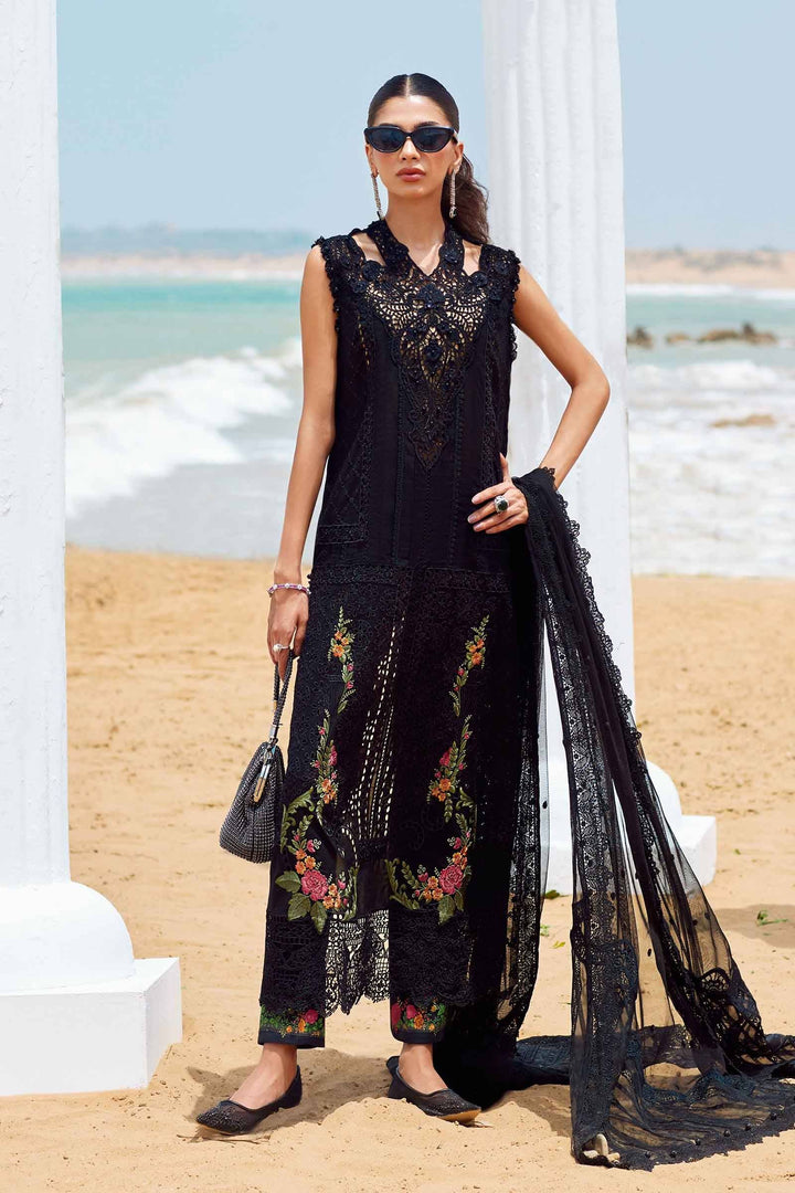 Full view of black embroidered lawn suit AL-4296 with sleeveless shirt, floral pants and dupatta, ideal for formal Pakistani fashion.