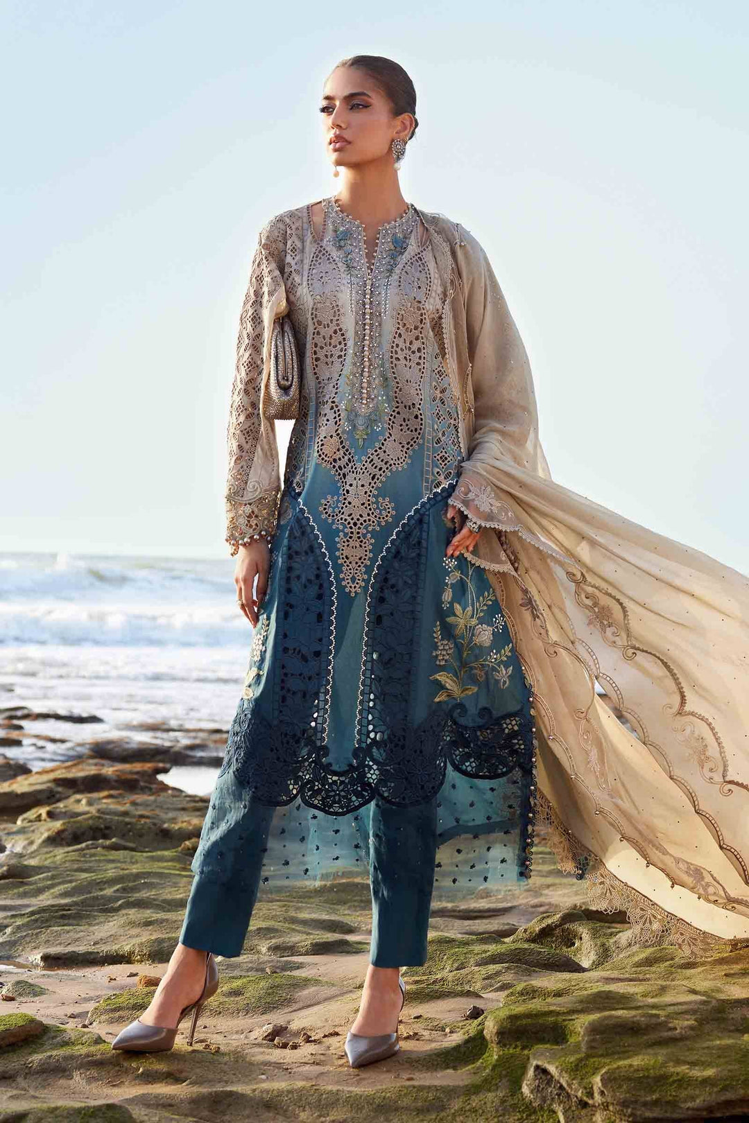 LUXURY Women's 3 Piece Suit Lawn, Chiffon, Cambric AL-4303 featuring embroidered shirt, matching pants, and chiffon dupatta in blue and beige tones.
