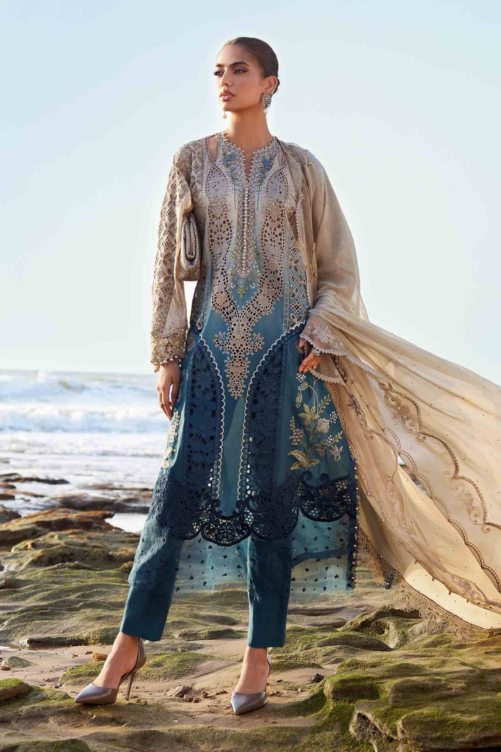 LUXURY Women's 3 Piece Suit Lawn, Chiffon, Cambric AL-4303 featuring embroidered shirt, matching pants, and chiffon dupatta in blue and beige tones.