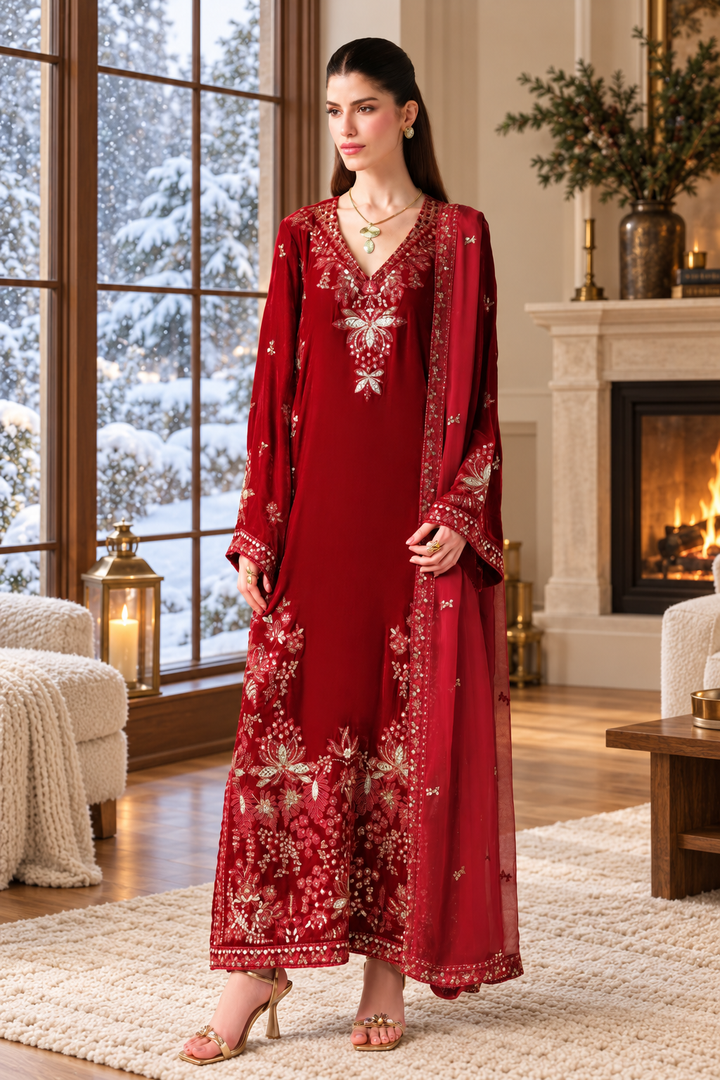 Red Velvet Suit with Dupatta - Sequin Embroidery | D-7-13