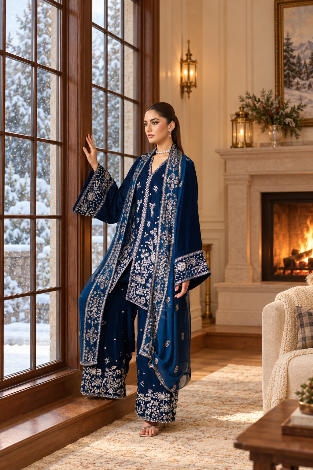 Navy Blue Velvet Suit with Dupatta - 3 Piece | HSV02-13