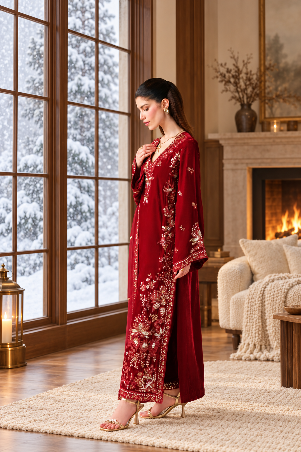 Red Velvet Suit with Dupatta - Sequin Embroidery | D-7-13