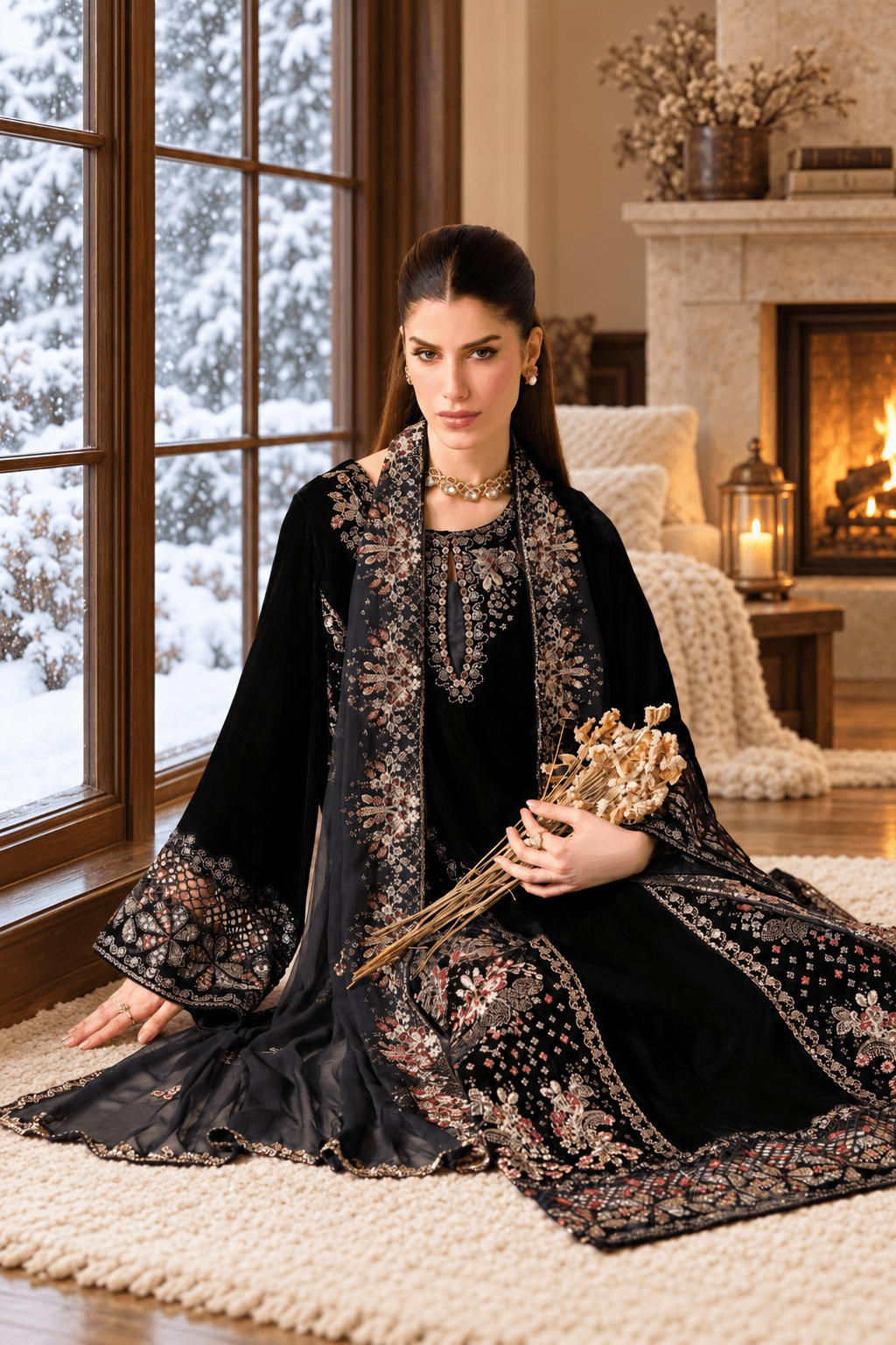 Black Velvet Suit with Dupatta - Sequin Embroidery | HSV05-13
