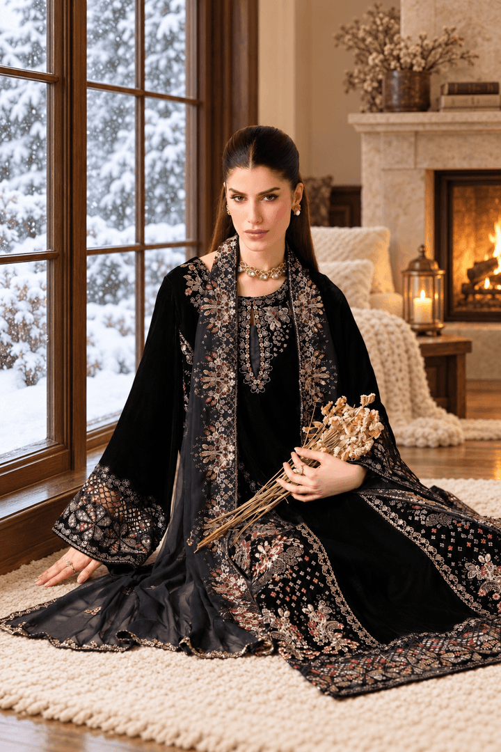 Black Velvet Suit with Dupatta - Sequin Embroidery | HSV05-13