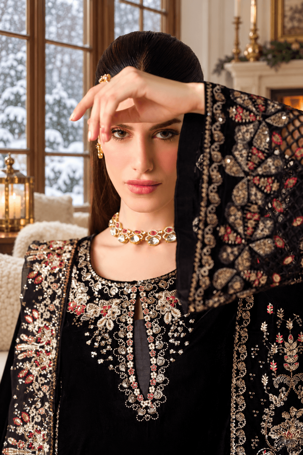 Black Velvet Suit with Dupatta - Sequin Embroidery | HSV05-13