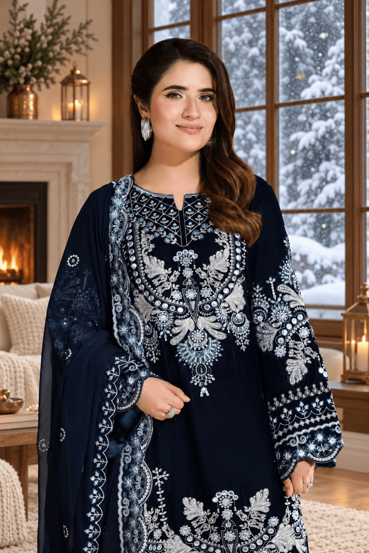 Navy Velvet Suit with Dupatta - Mirror Work | SB-35-13