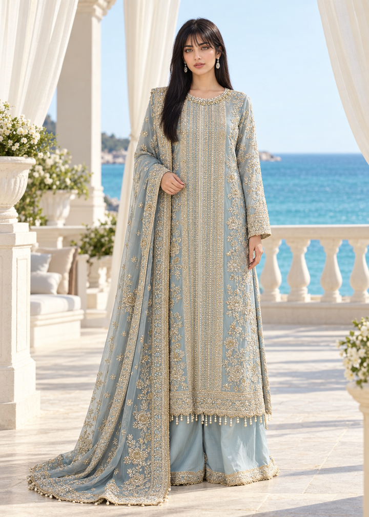 SKY BLUE 3 Piece Embroidered Organza Suit | AL-3881-16