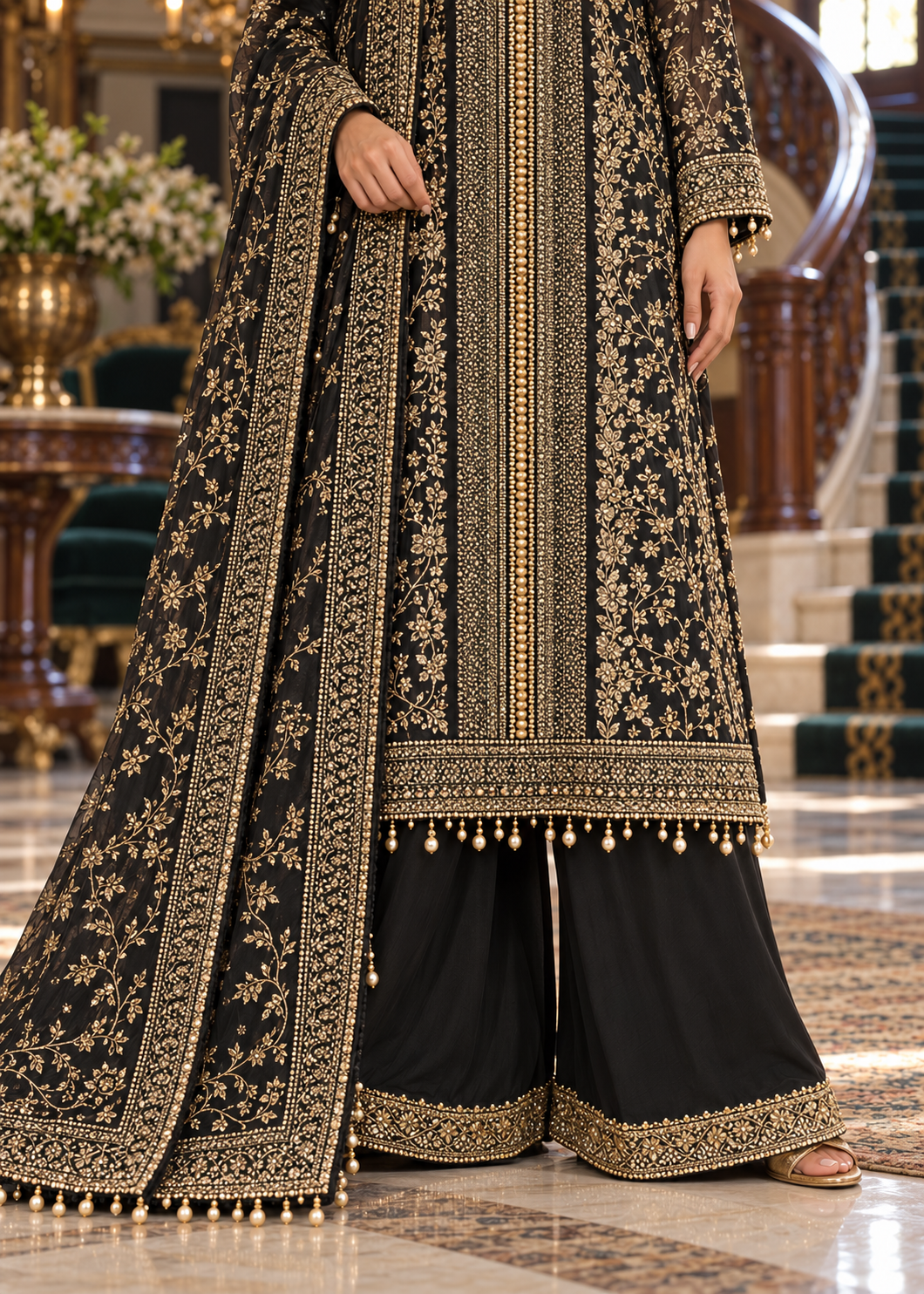 BLACK 3 Piece Embroidered Organza Suit | AL-3881-16